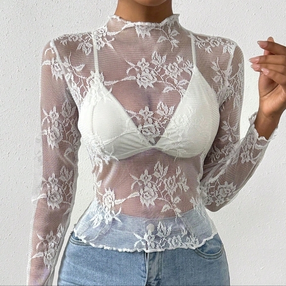 Tops - Women's Lace Ruffle Hem Sheer Top